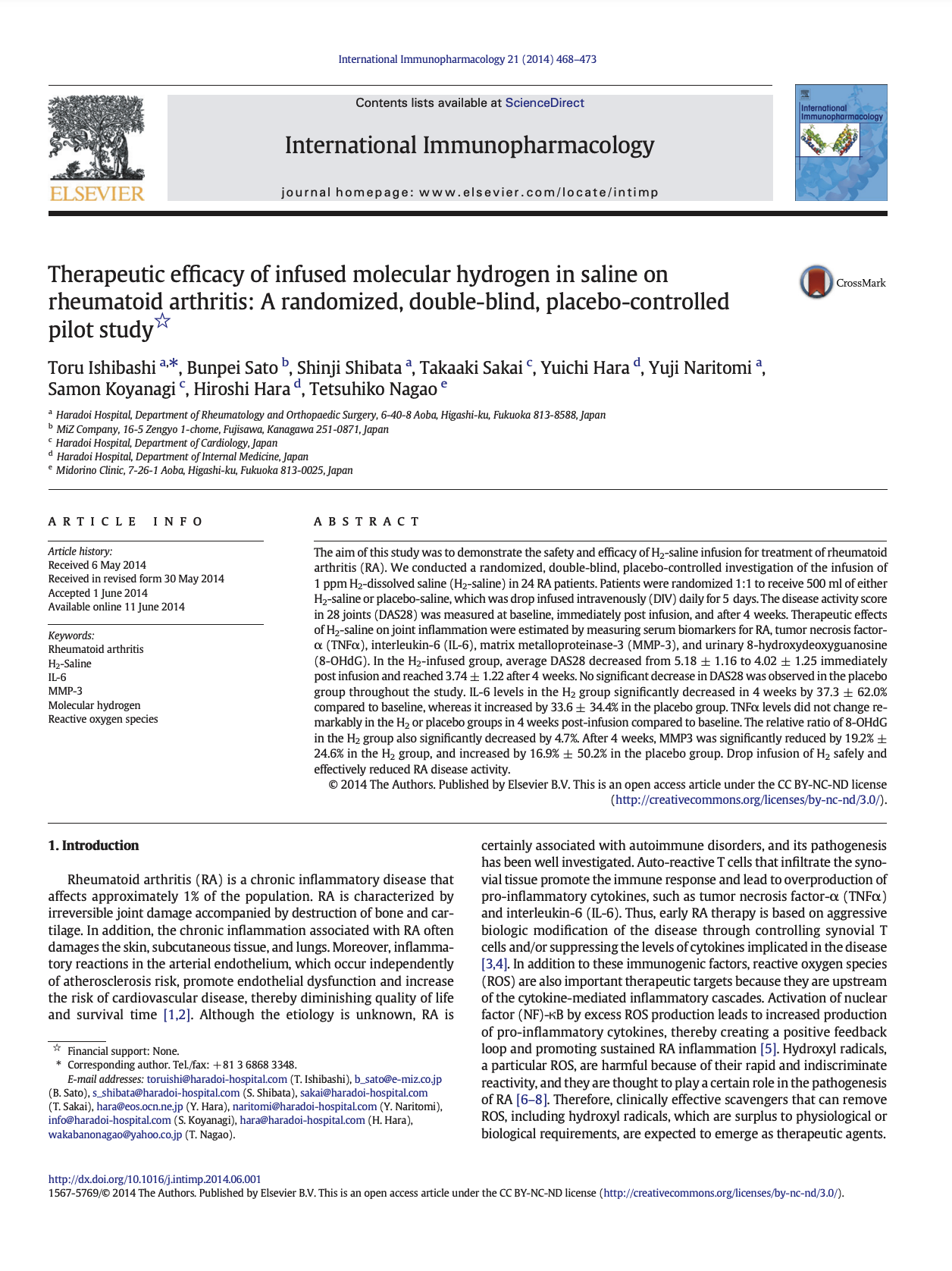 Therapeutic efficacy of infused molecular hydrogen in saline on rheumatoid arthritis: A randomized, double-blind, placebo-controlled pilot study
